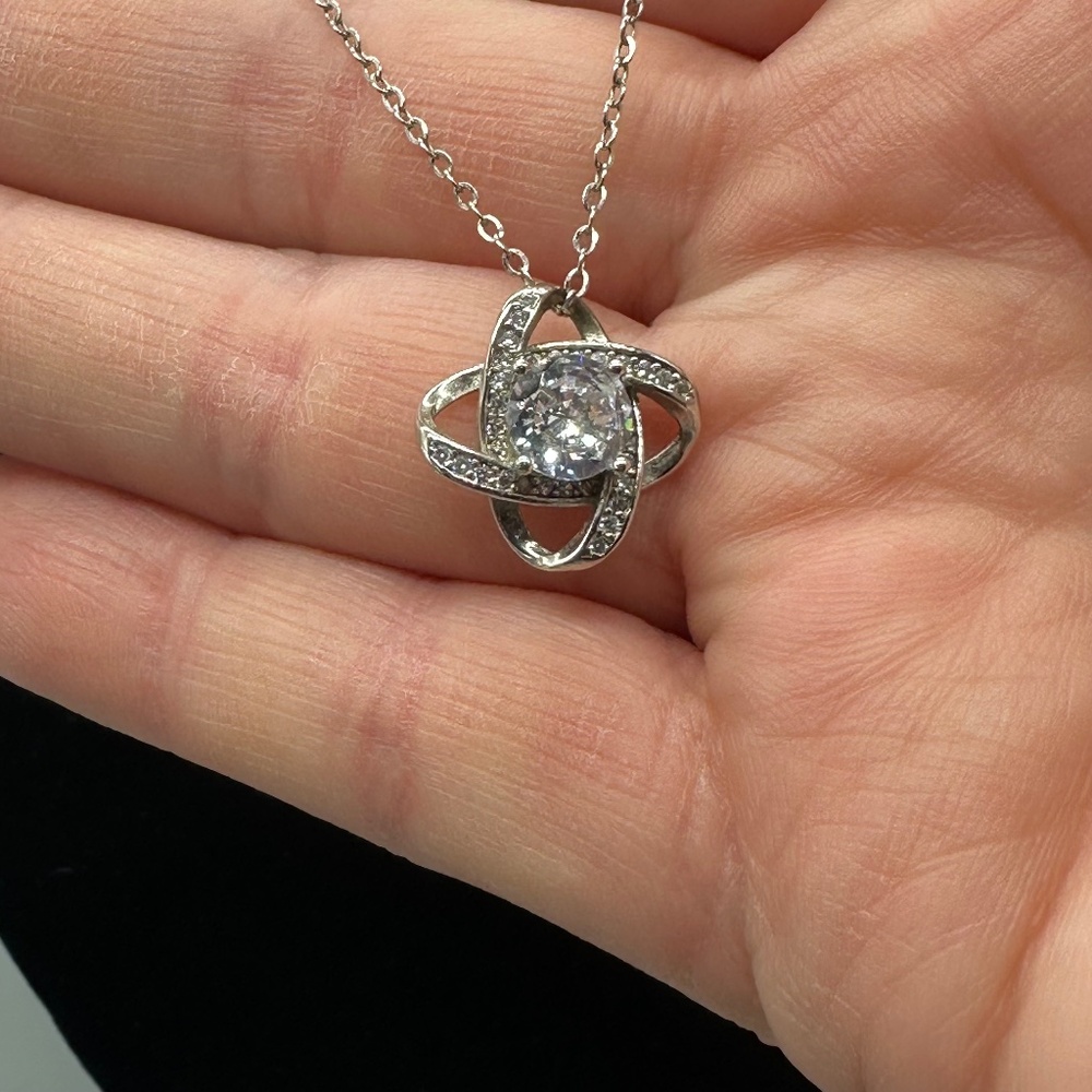 Sterling Silver CZ Love Knot Pendant Necklace 17.5" Jewelry